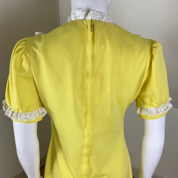 Vintage 60s 70s Yellow Mod Maxi Dress Lace Prairie Babydoll M Medium Polyester - Picture 8 of 10